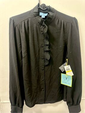 CeCe Black Lace-Trim Button Front Blouse